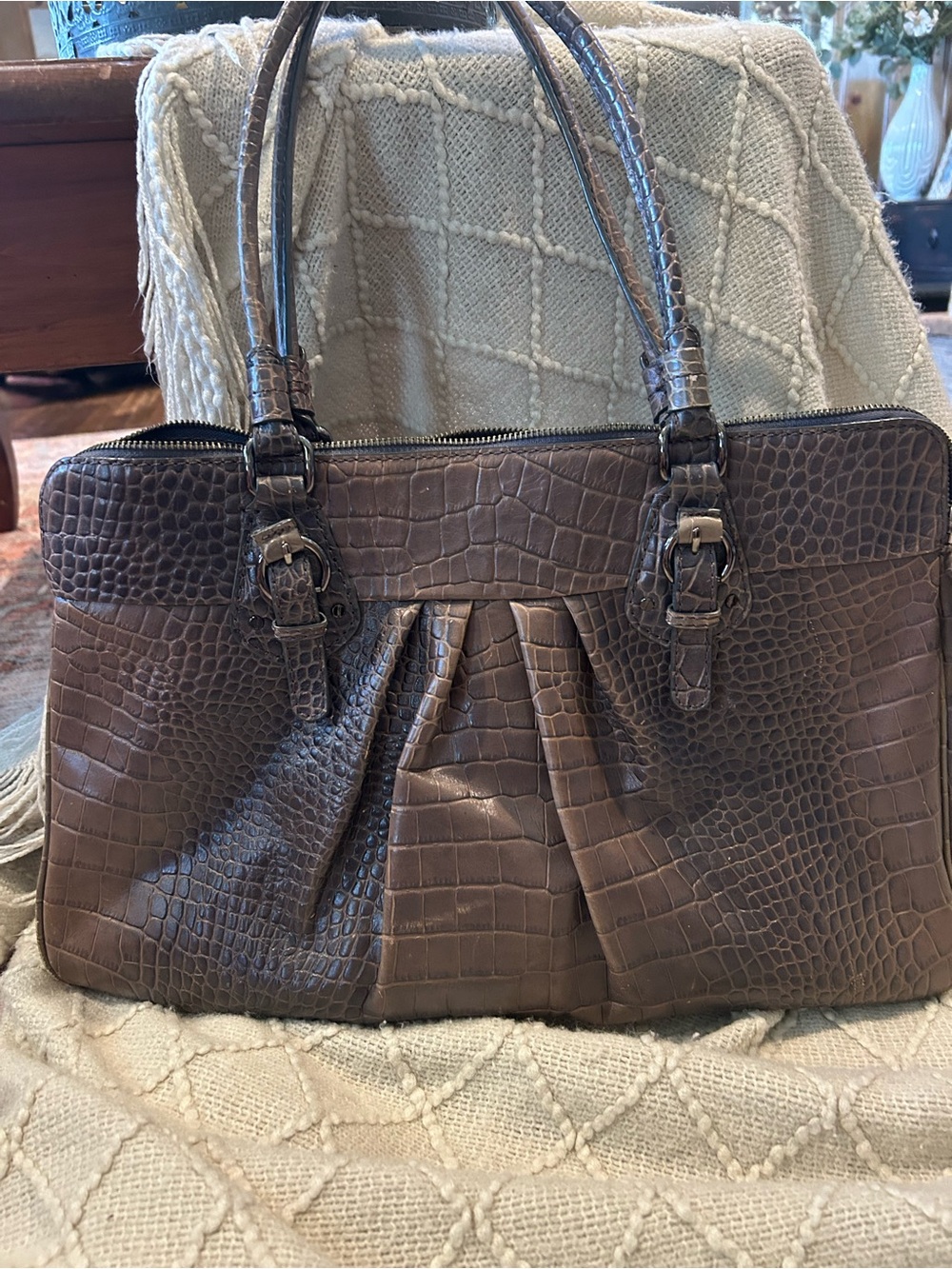ANTONIO MELANI Croc-Embossed Taupe Brown Shoulder Satchel